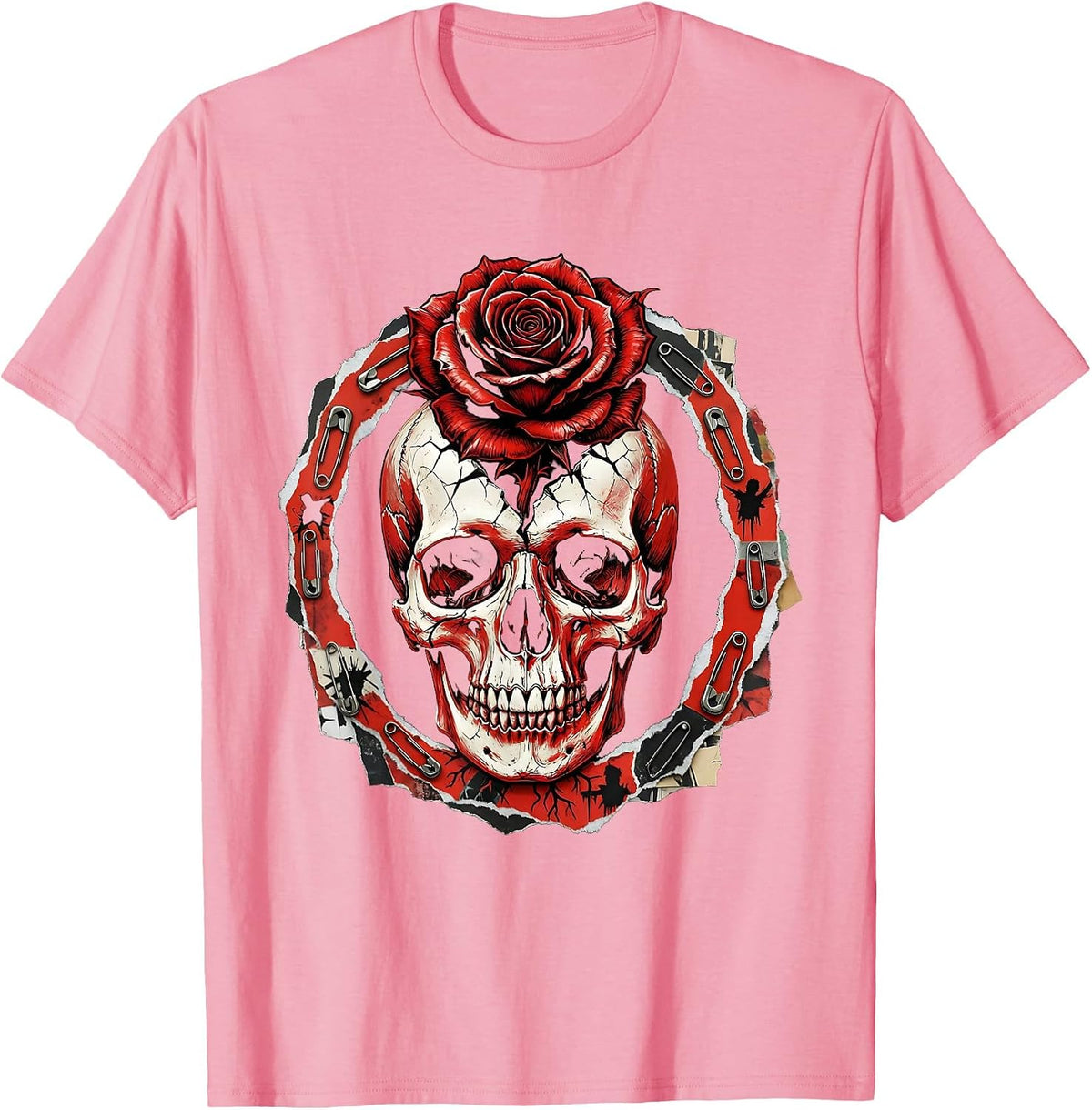 Men's Blooming Skull Punk Floral Graphic Design T-Shirt - Pink