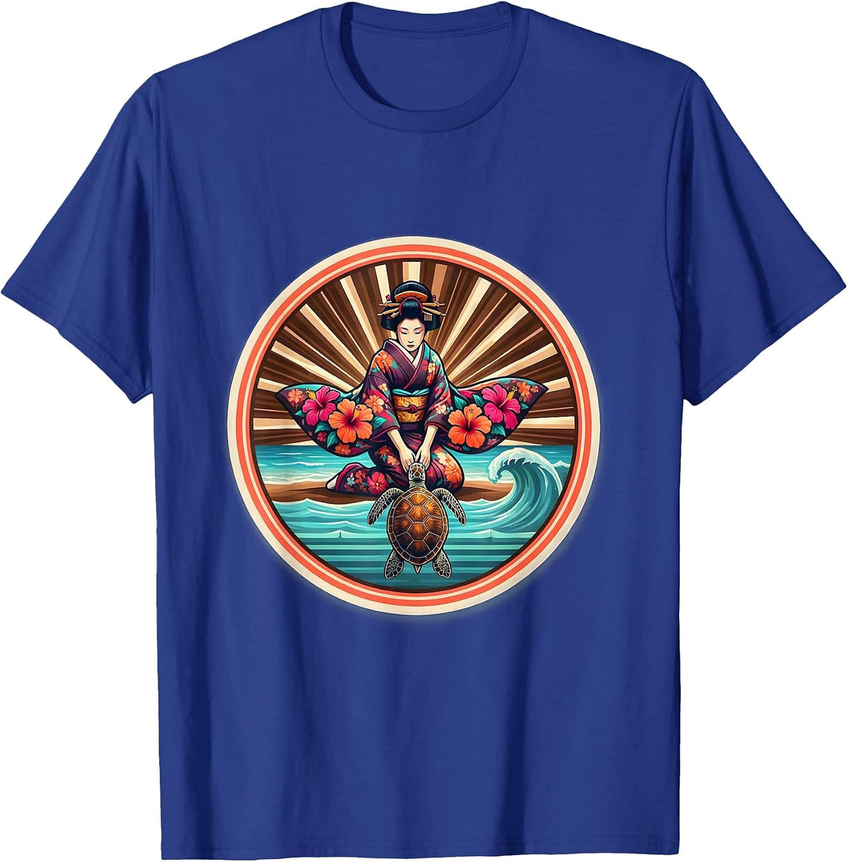 Floral Kimono Sea Turtle Release Aloha Design T-Shirt - Royal Blue