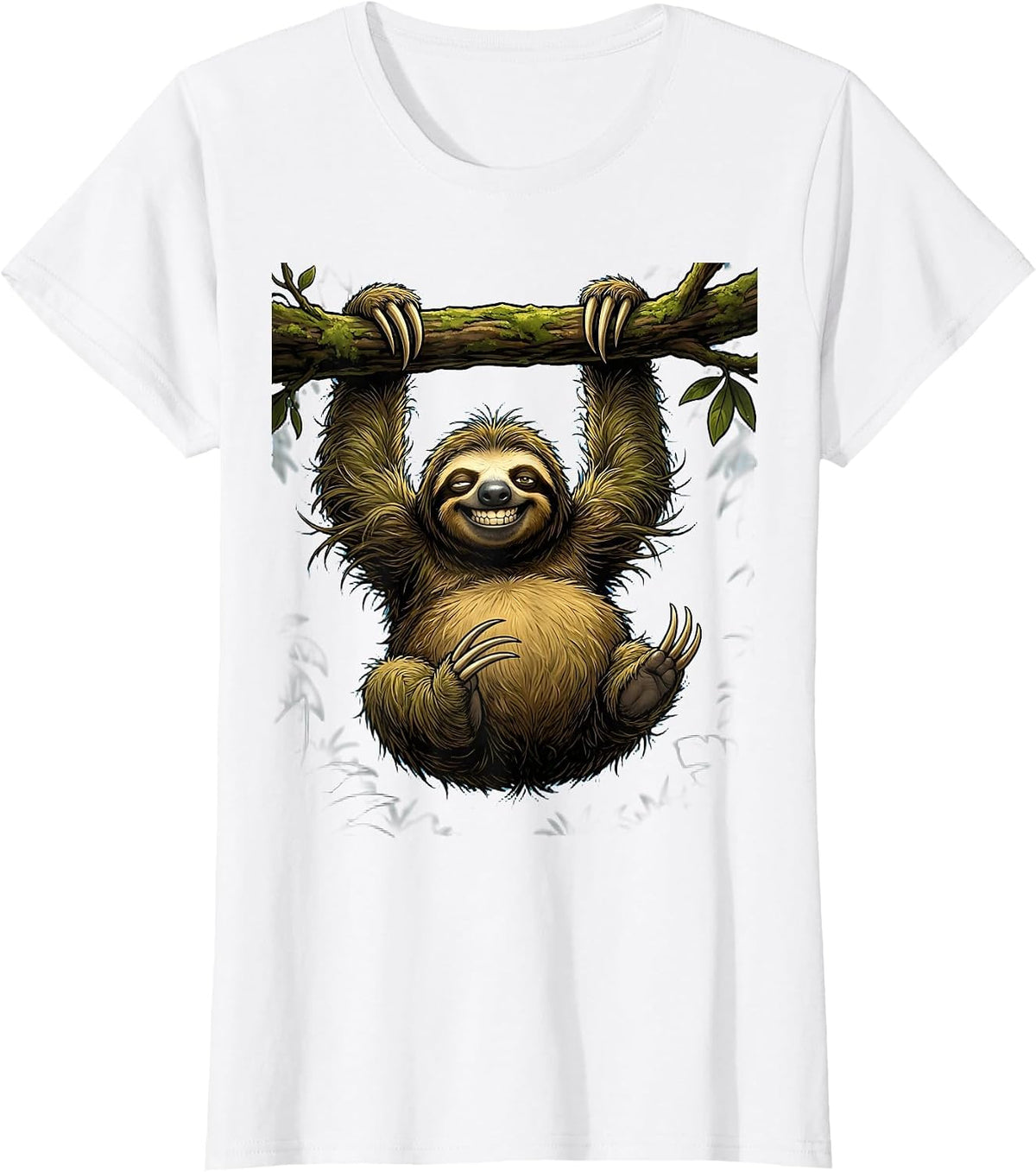Sloth Wide Open Arms Hanging Illustration T-Shirt - White
