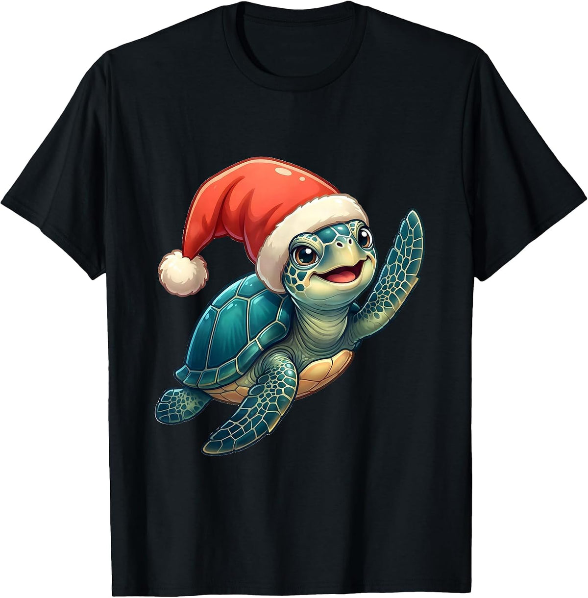 Men's Smiling Sea Turtle Santa Hat Cute Holiday Novelty T-Shirt - Black