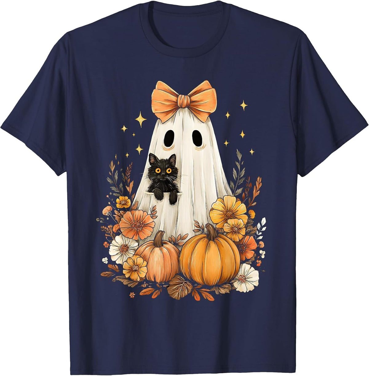 Halloween Vintage Cute Ghost Black Cat Pumpkins Floral T-Shirt - Navy Blue