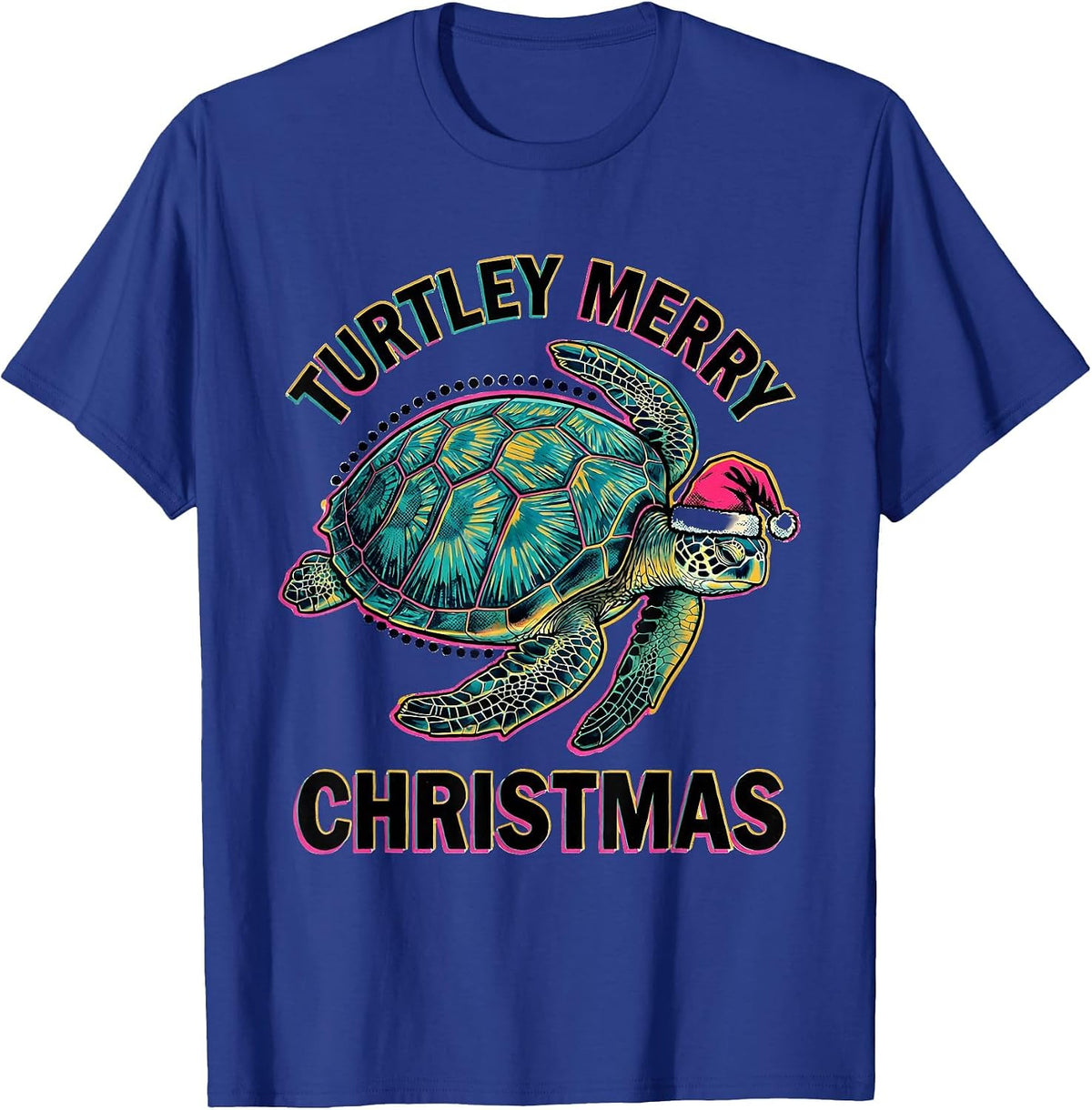Men's Turtley Merry Christmas Risograph Sea Turtle Santa Hat T-Shirt - Royal Blue