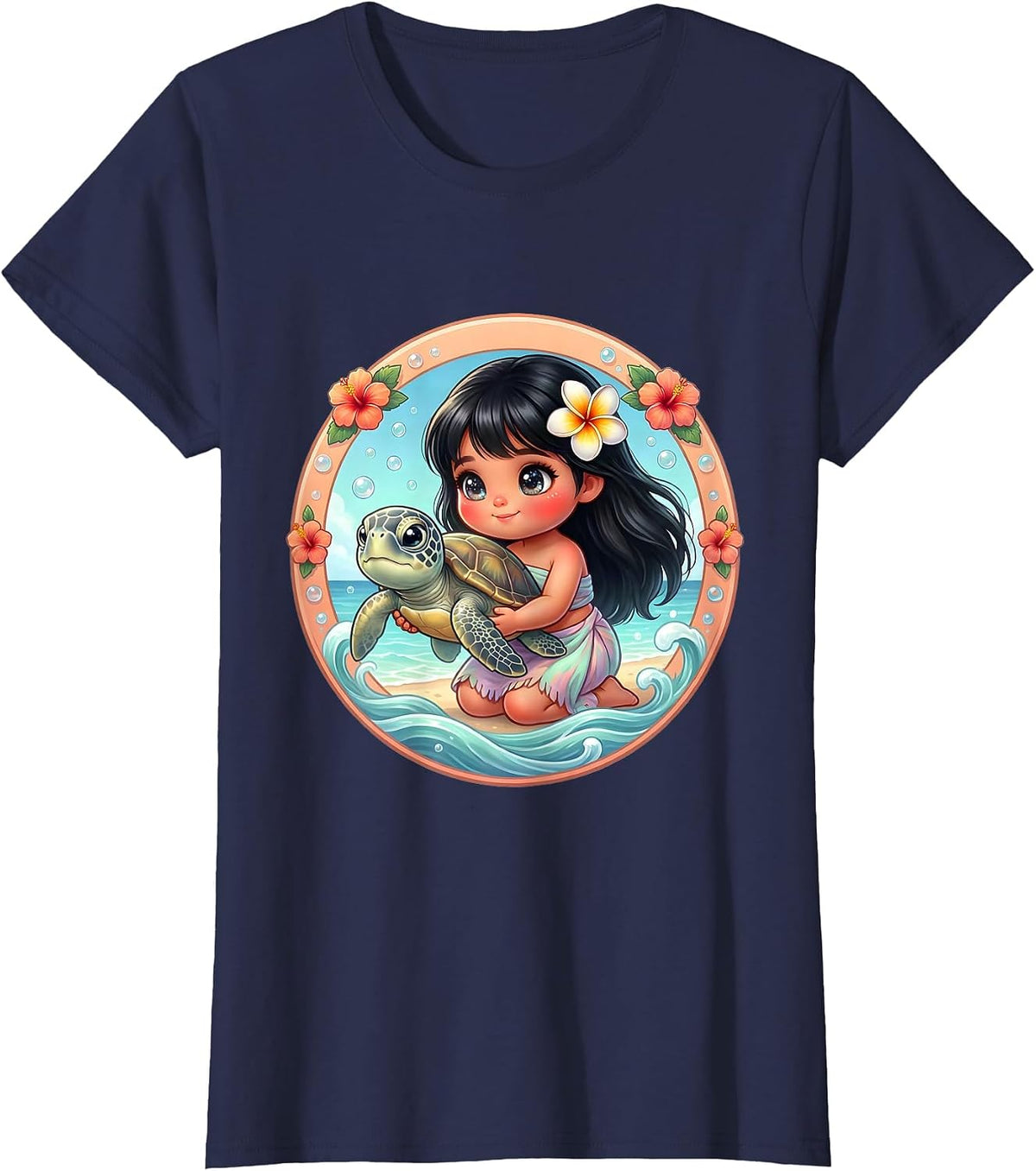Women's Hawaiian Girl Releasing Sea Turtle Ocean Art T-Shirt - Navy Blue