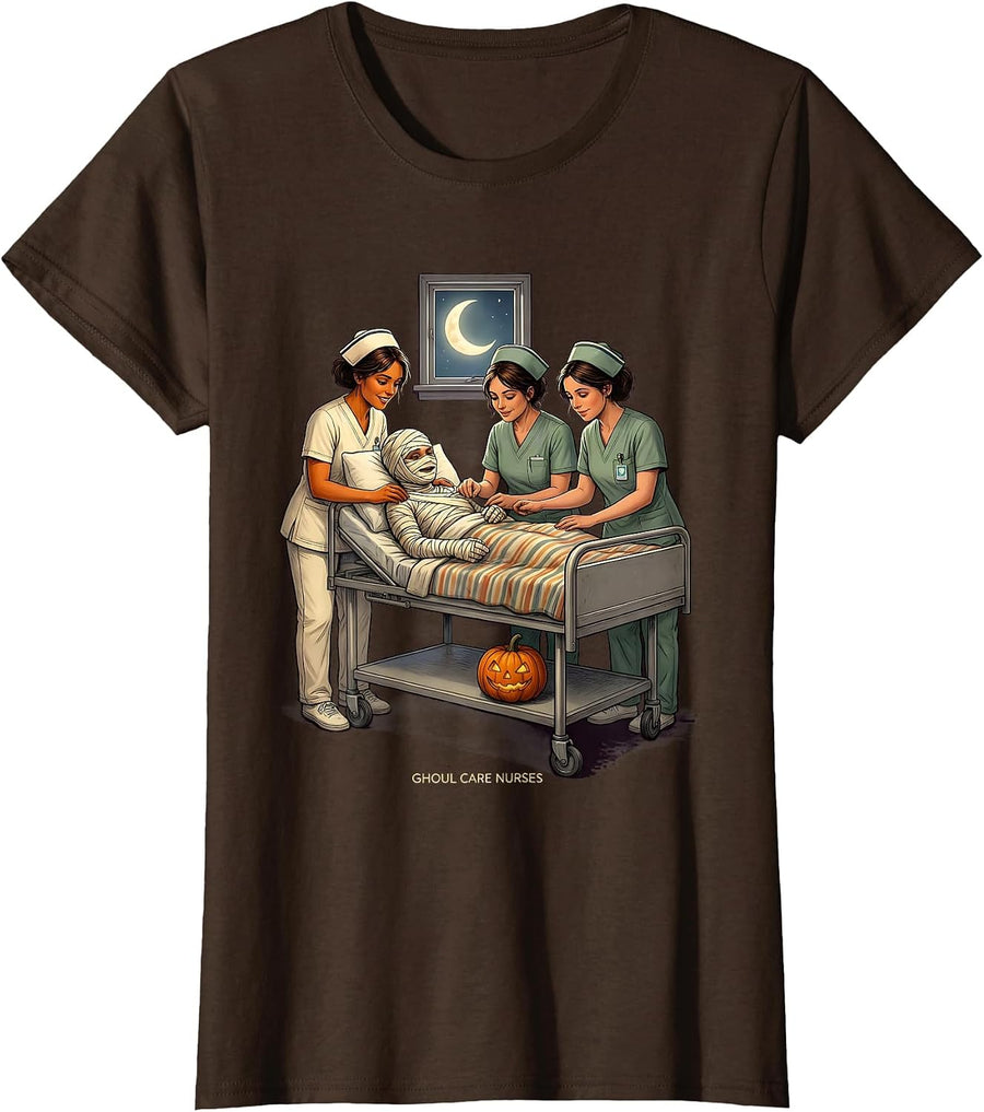 Women's Ghoul Care Nurses Funny Halloween Nurse Squad Team T-Shirt - Brown