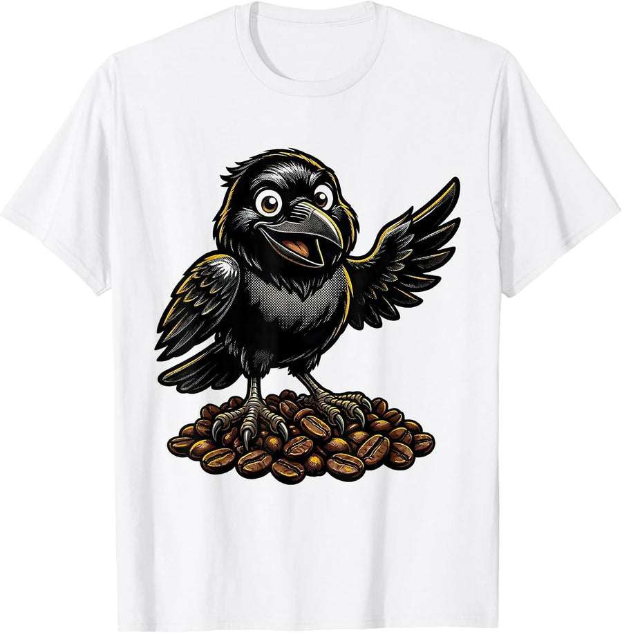 Men's Raven Clutching Coffee Beans Illustration T-Shirt - White
