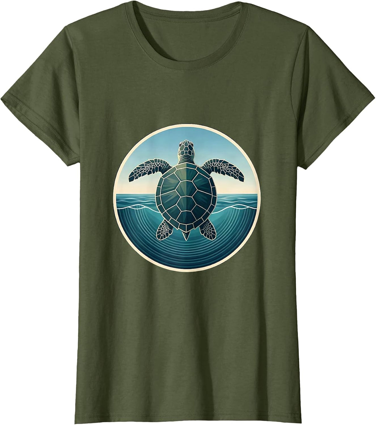 Women's Turtle Floating on Calm Ocean Surface Design T-Shirt - Olive Green