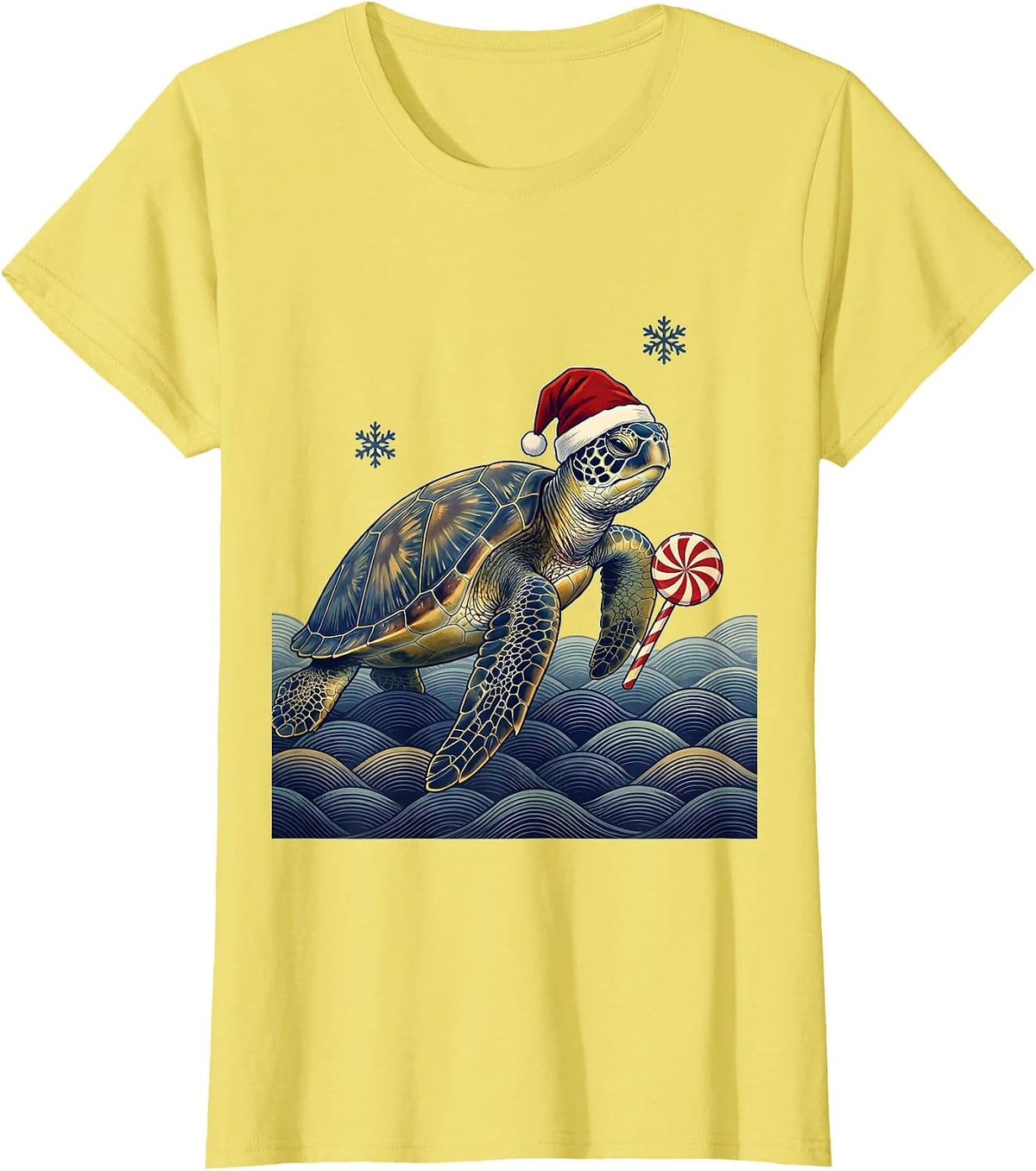 Sea Turtle Santa Hat Ukiyo-e Christmas Novelty T-Shirt - Lemon Yellow
