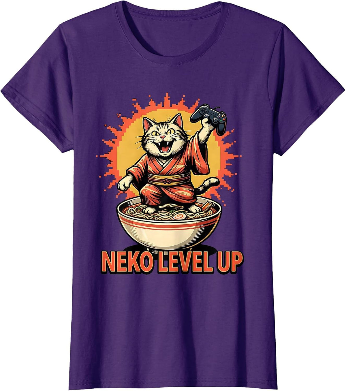 Women's Neko Level Up Cartoon Anime Cat Gaming Ramen Humor T-Shirt - Purple