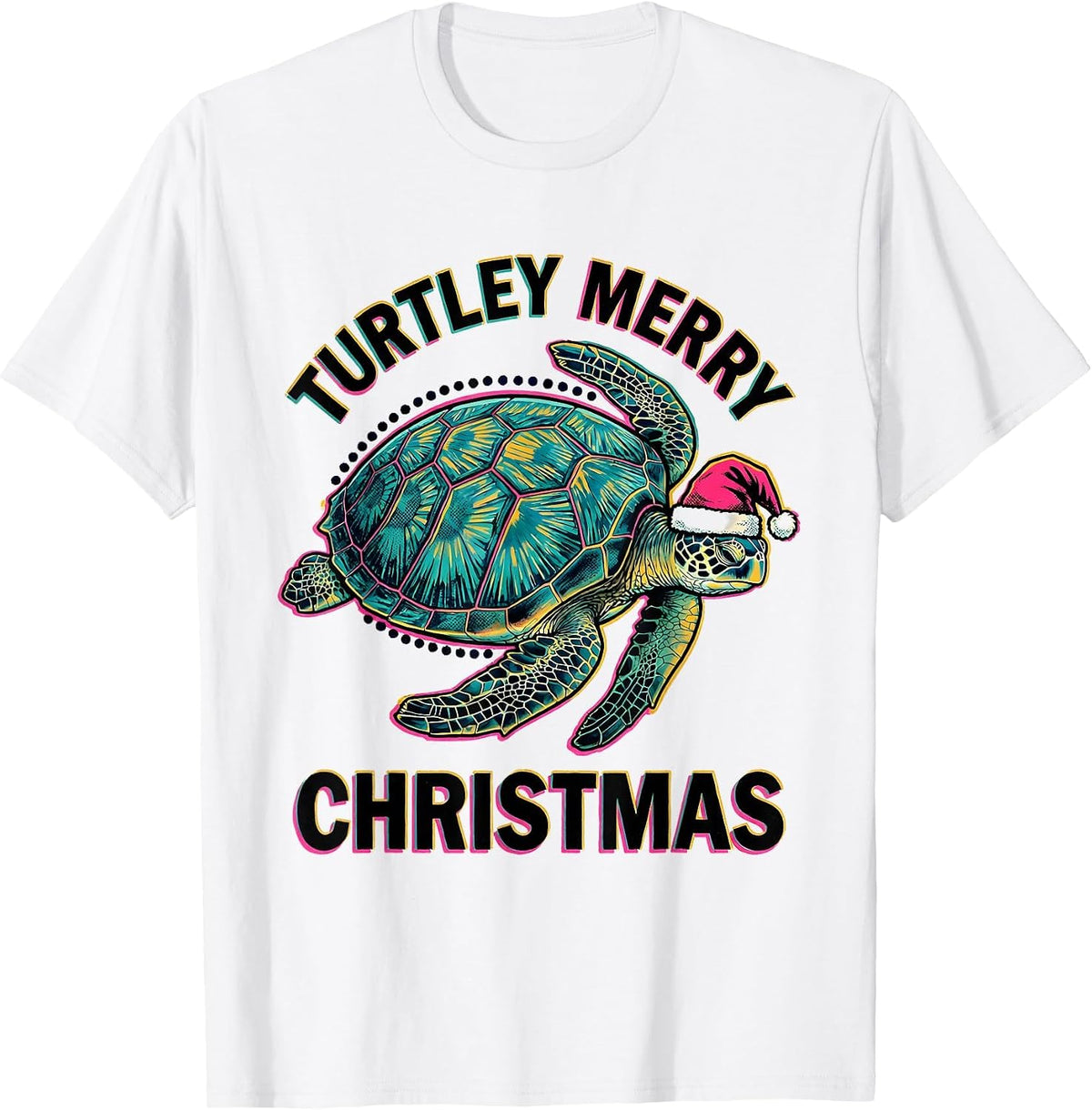 Men's Turtley Merry Christmas Risograph Sea Turtle Santa Hat T-Shirt - White