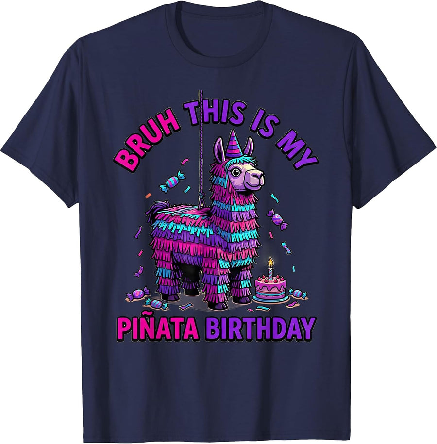 Bruh This Is My Piñata Birthday Funny Llama Pinata Party T-Shirt - Navy Blue