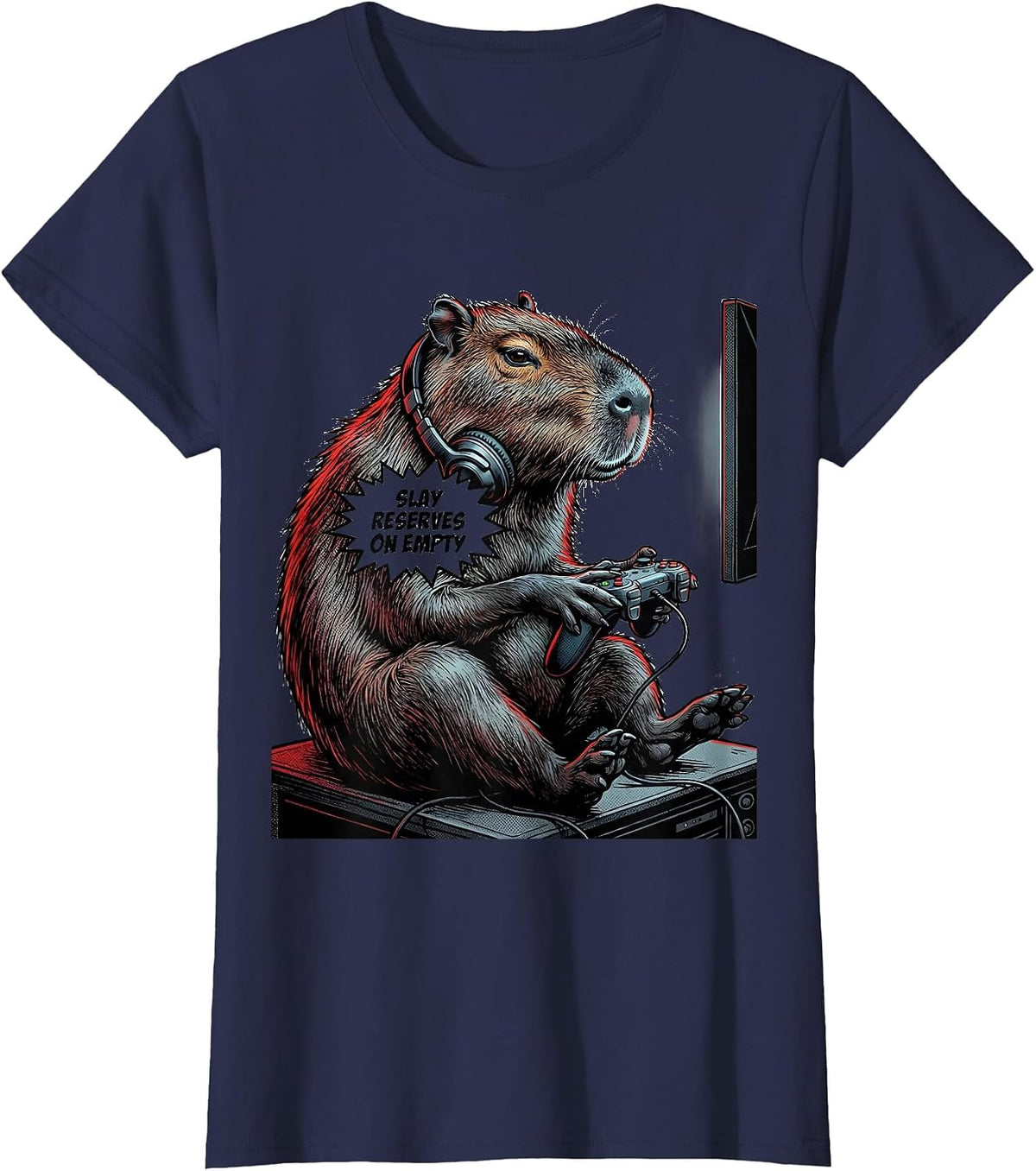 Women's Slay Reserves On Empty Comic Book Capybara Gamer Meme Humor T-Shirt - Navy Blue