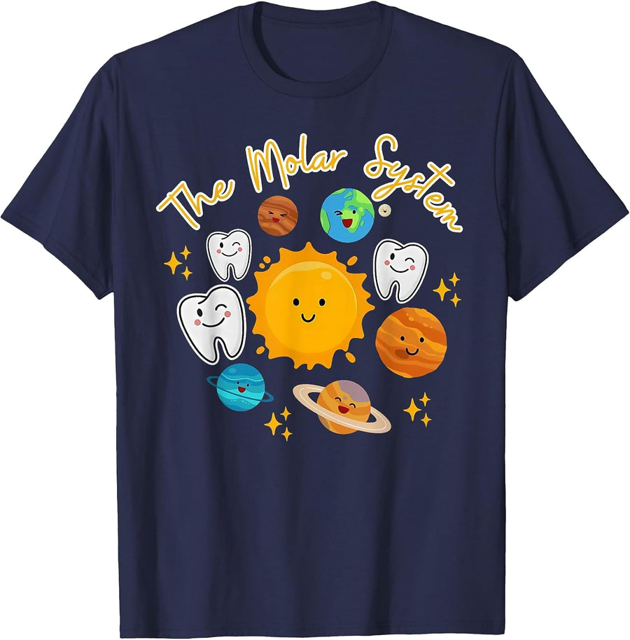 Cute Tooth Solar System Pediatric Dentist Dental Hygienist T-Shirt - Navy Blue