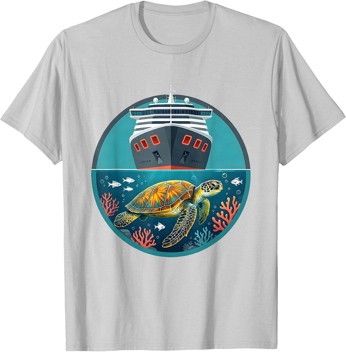 Men's Family Cruise Sea Turtle Under Ship Hull T-Shirt - Silver Grey