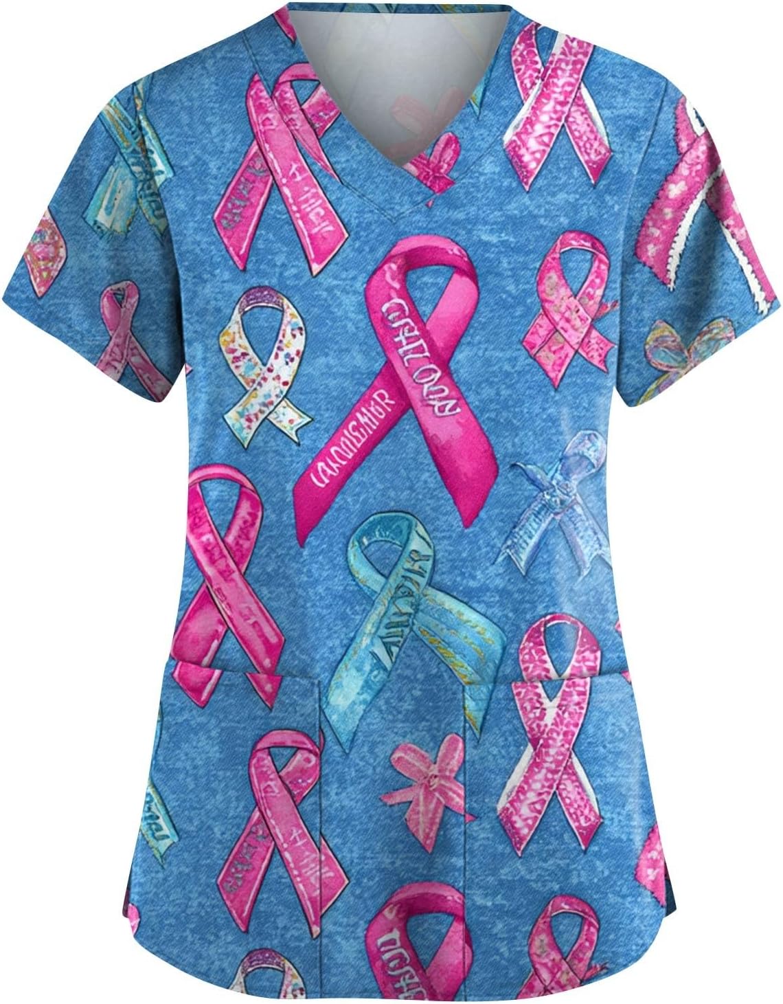 Breast Cancer Scrub Tops Women Plus Size Stretch V Neck Short Sleeve Nursing Scrub Shirts Lightweight Medical Uniform Pink