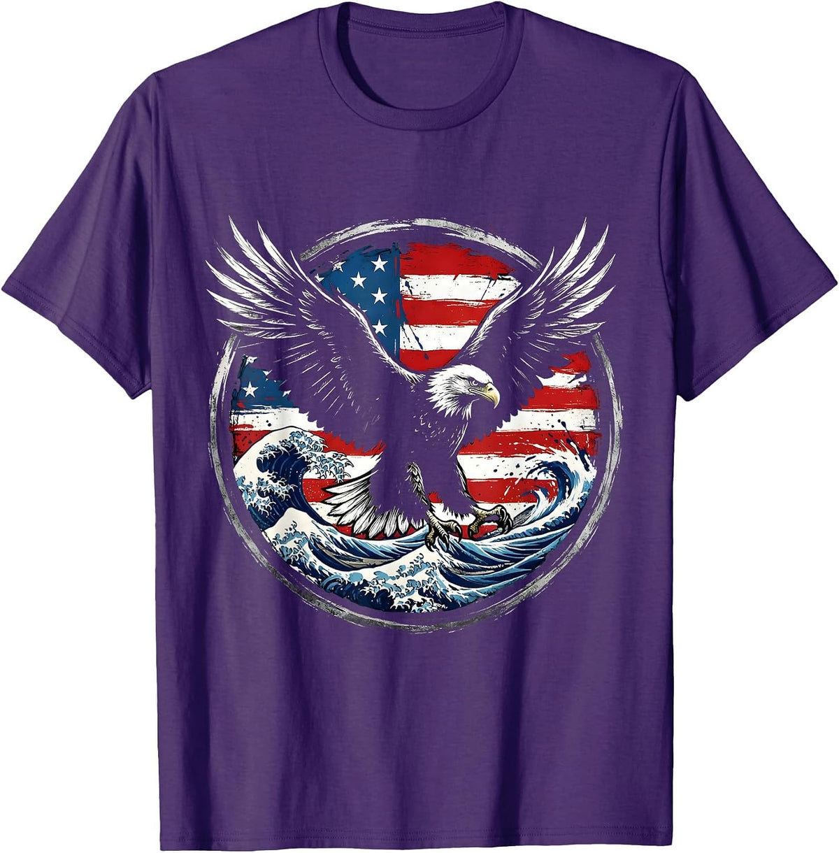Bold Eagle Soaring Over Red White and Blue Waves T-Shirt - Purple