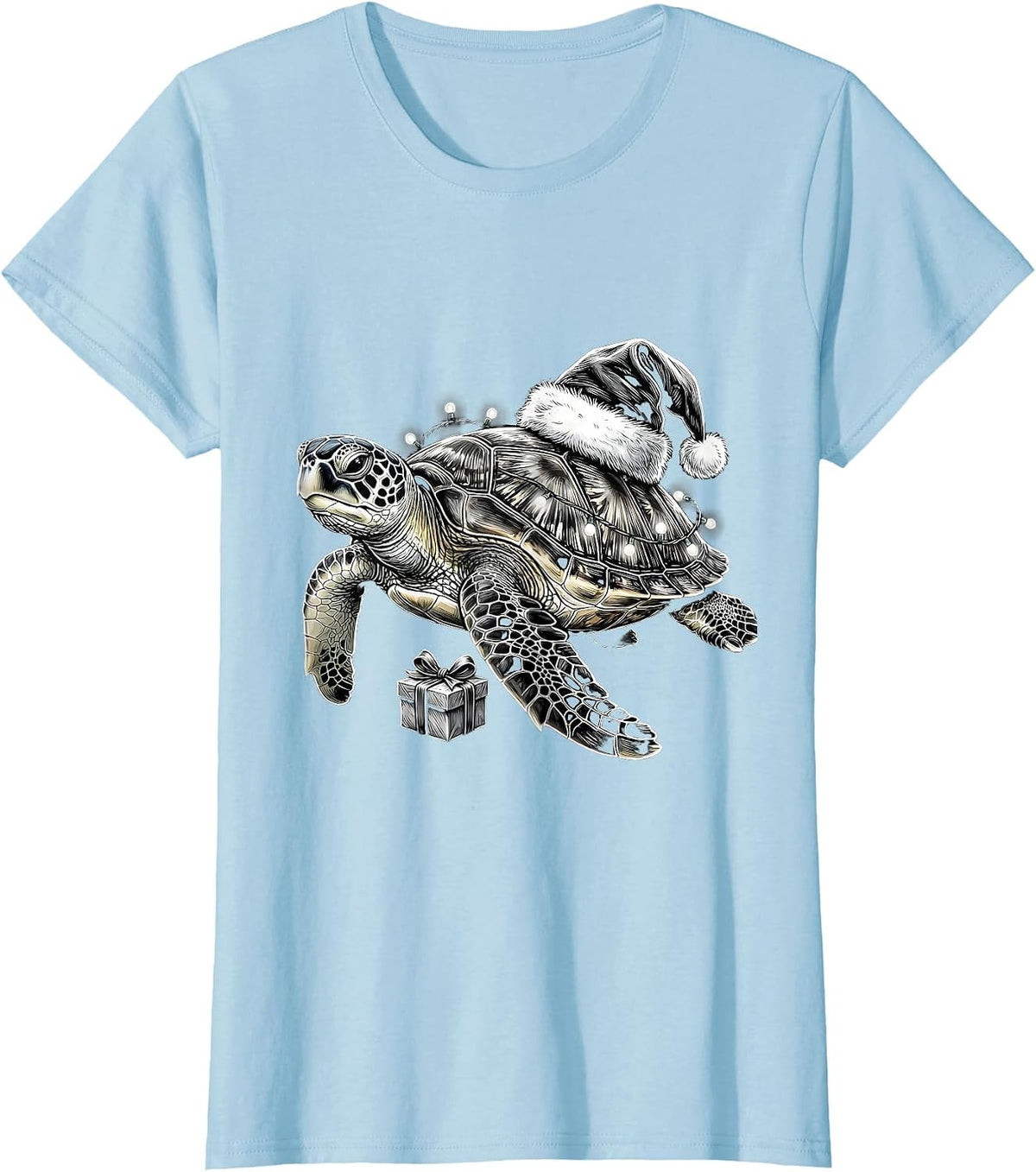 Sea Turtle Santa Hat Holiday Lights Animal Lover Christmas T-Shirt - Baby Blue