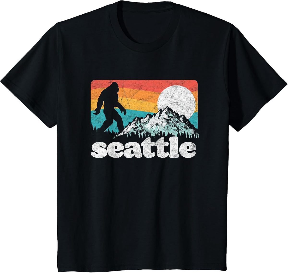 Seattle Washington Bigfoot Mountains Retro Distressed 80s T-Shirt - Black