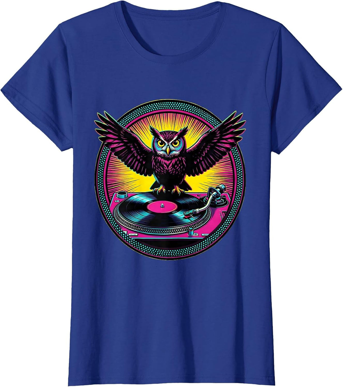 Women's Owl on Vintage Turntable Rock and Roll Design T-Shirt - Royal Blue