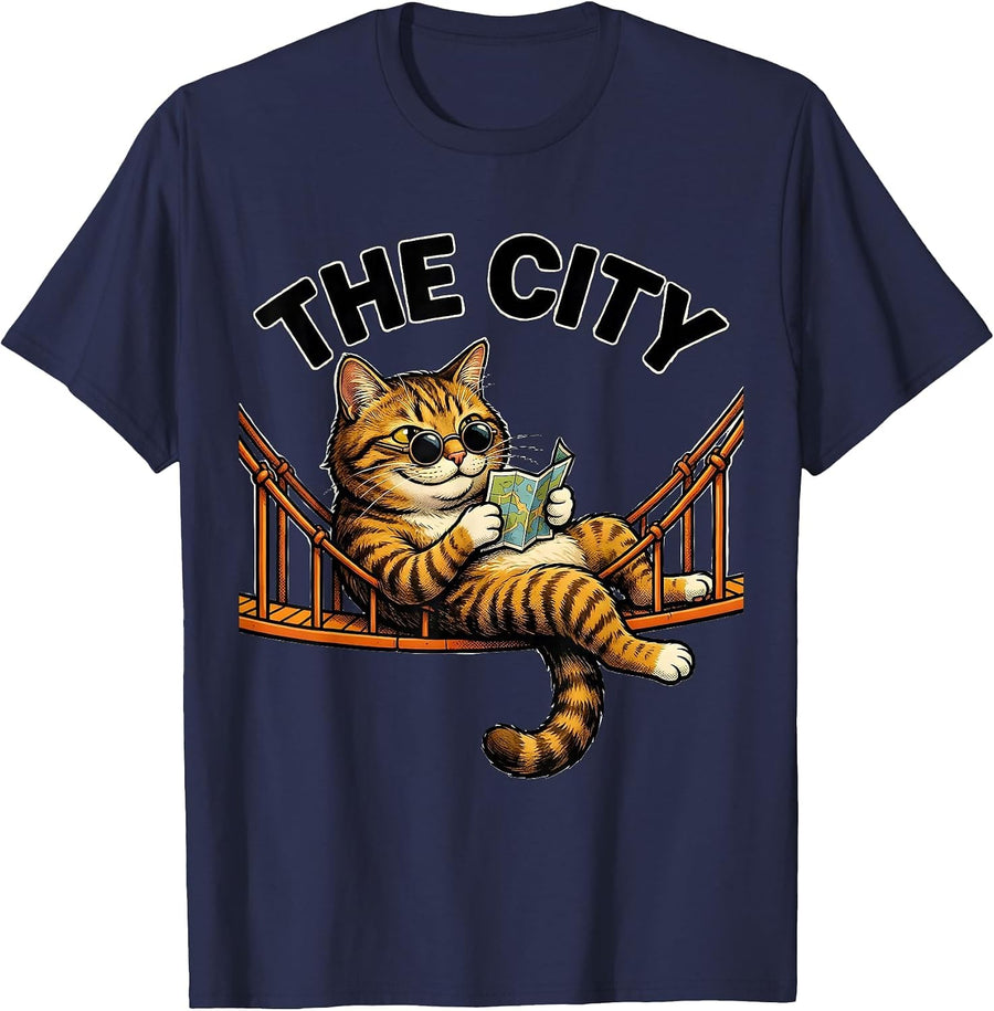 The City Retro Cartoon Cat Golden Gate Bridge Souvenir T-Shirt - Navy Blue