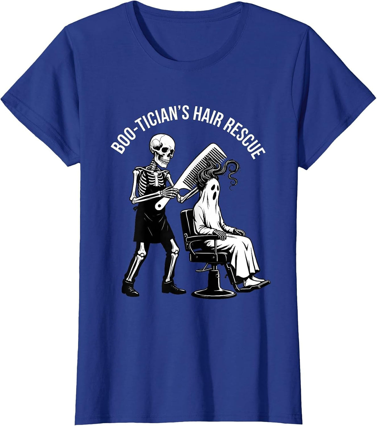 Women's Boo-tician's Hair Rescue Funny Skeleton Hairdresser T-Shirt - Royal Blue