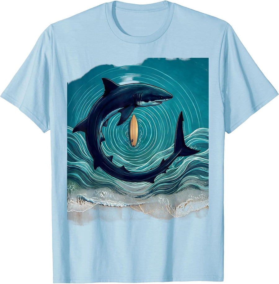 Men's Hawaiian Shark Circling Surfboard Graphic Tee T-Shirt - Baby Blue