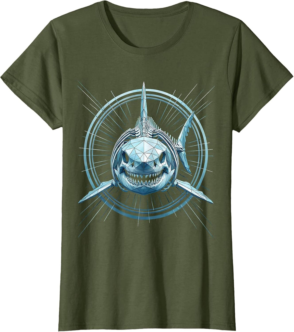 Women's Glowing Shark Skeleton Deep Ocean Illustration T-Shirt - Olive Green