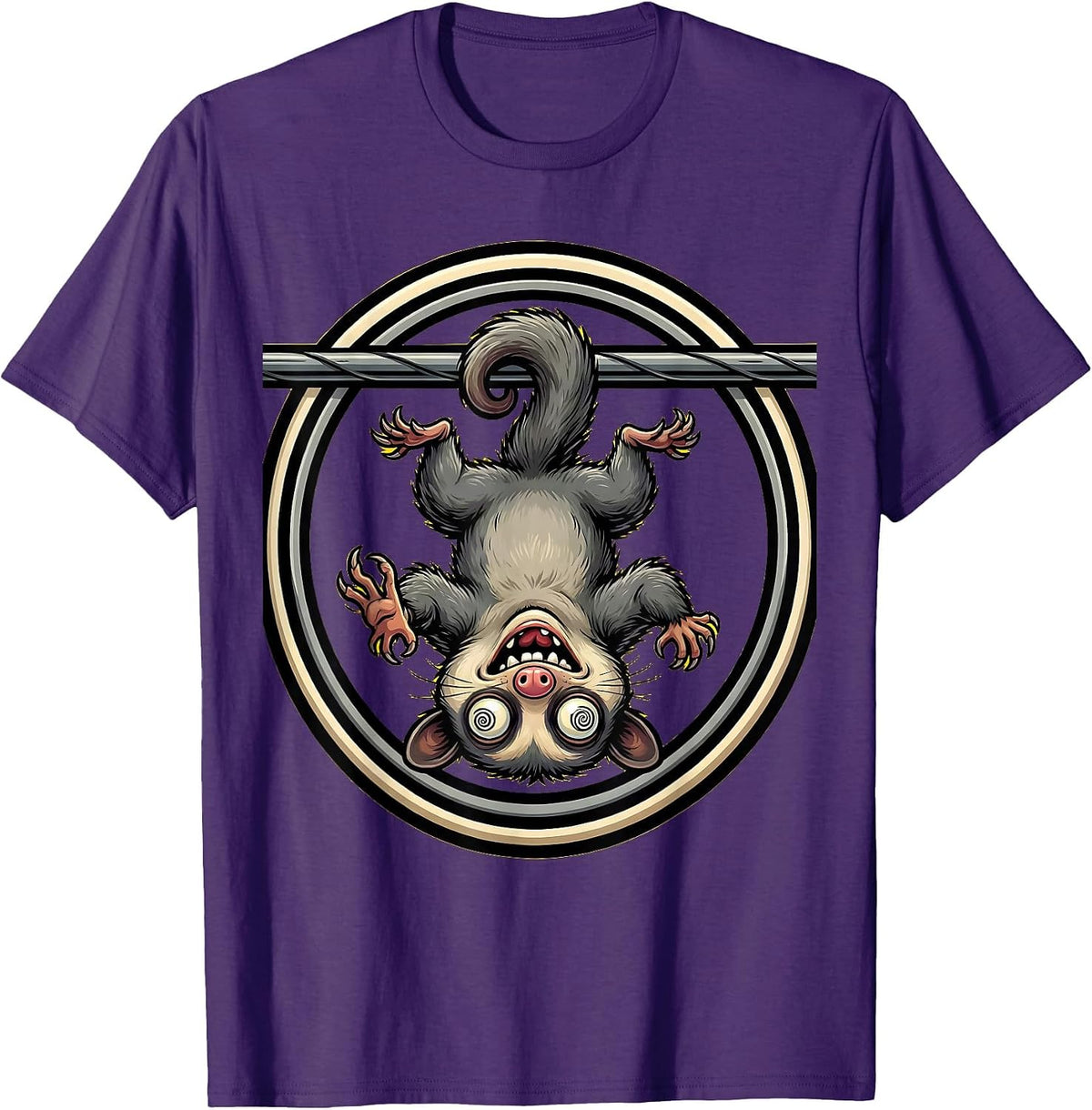 Unhinged Opossum Dangling From Power Line T-Shirt - Purple