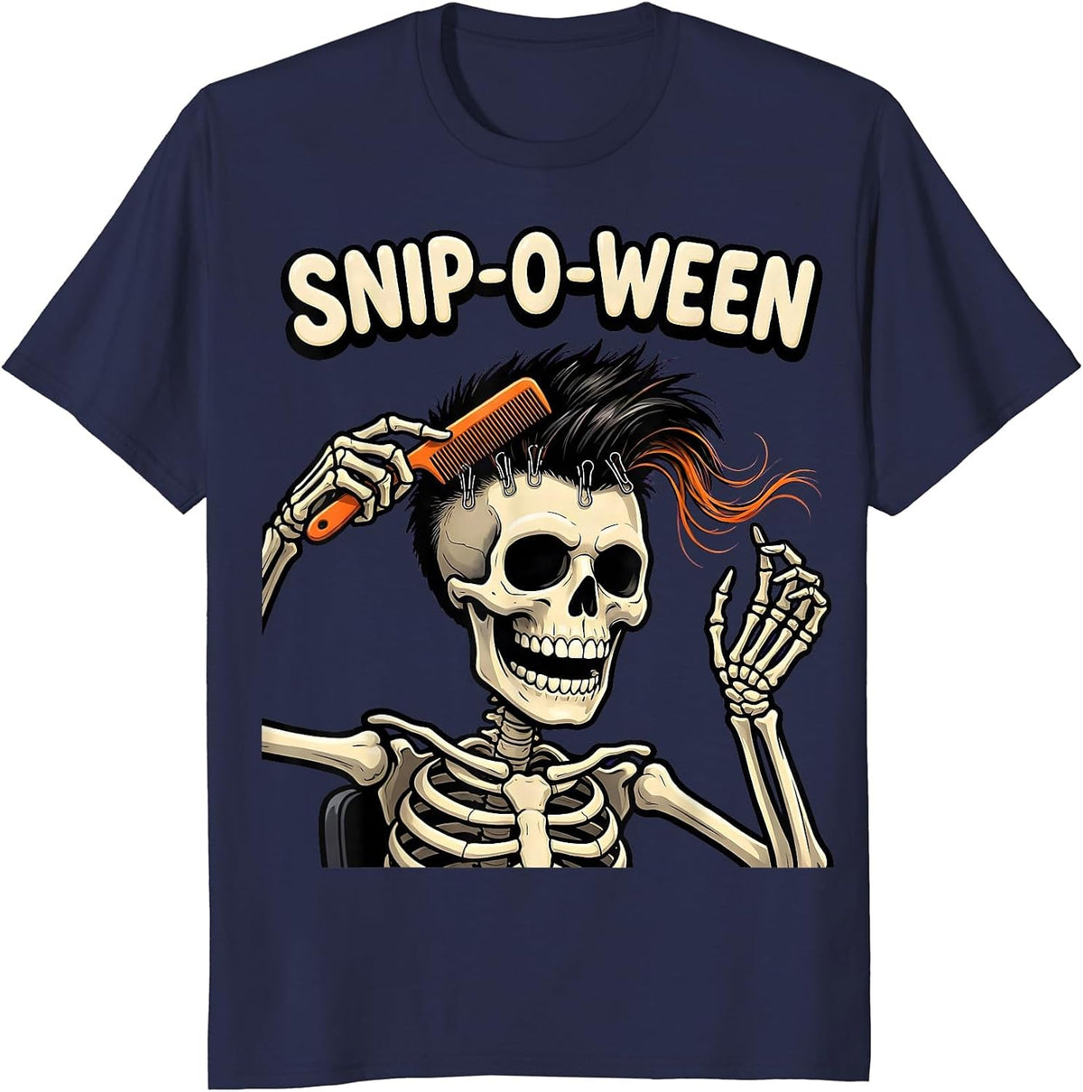 Men's Snip-o-Ween Cartoon Skeleton Hairstylist Halloween Barber T-Shirt - Navy Blue