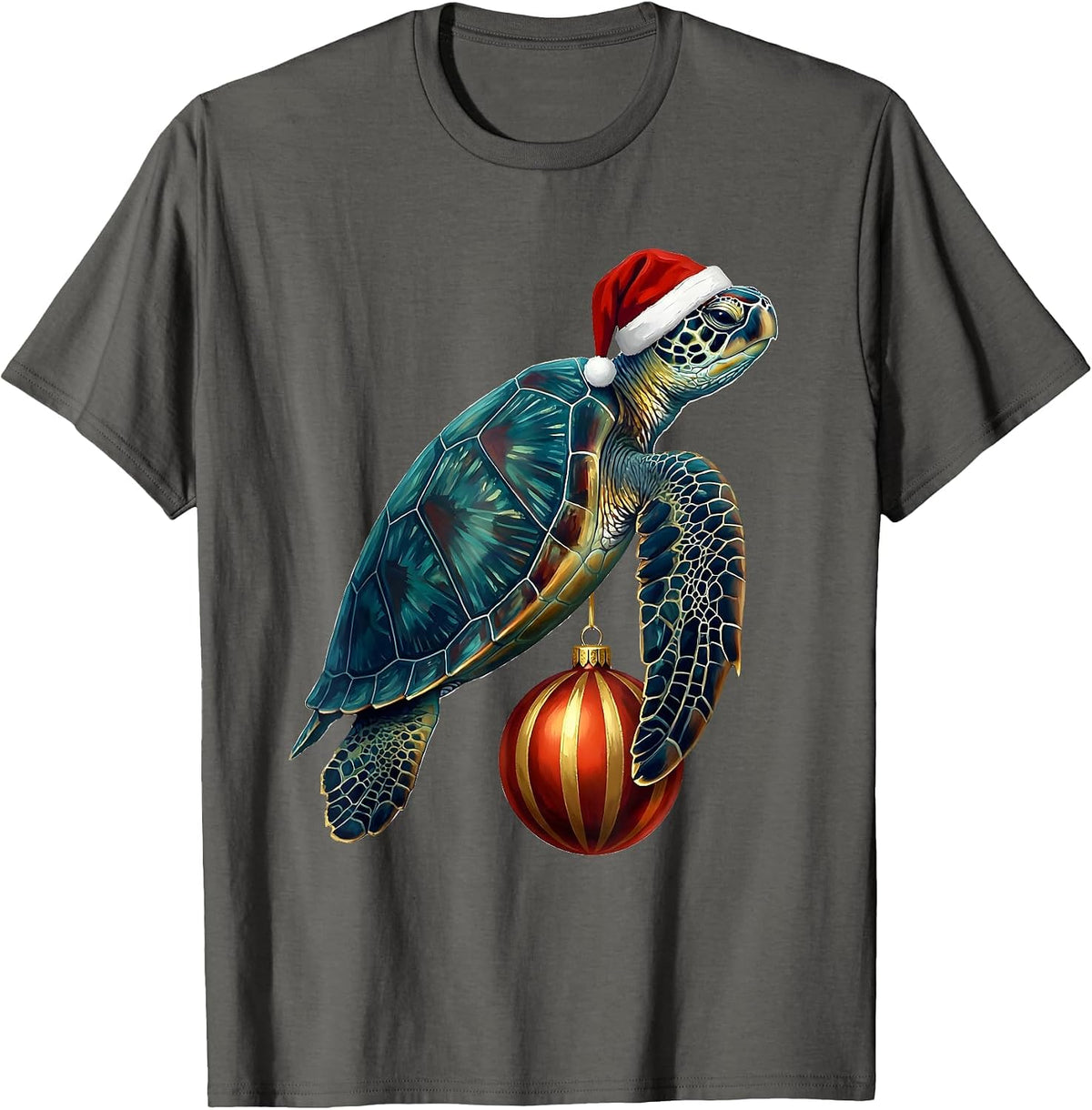 Sea Turtle Santa Hat Whimsical Holiday Novelty T-Shirt - Asphalt Grey