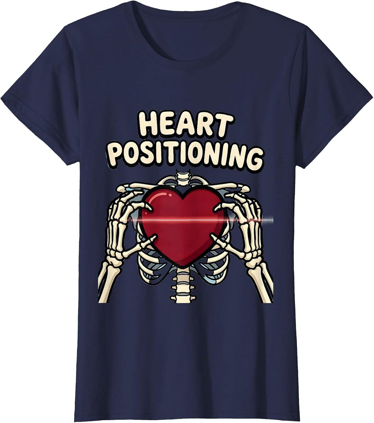 Women's Heart Positioning Funny Radiology Tech Valentine Skeleton T-Shirt - Navy Blue
