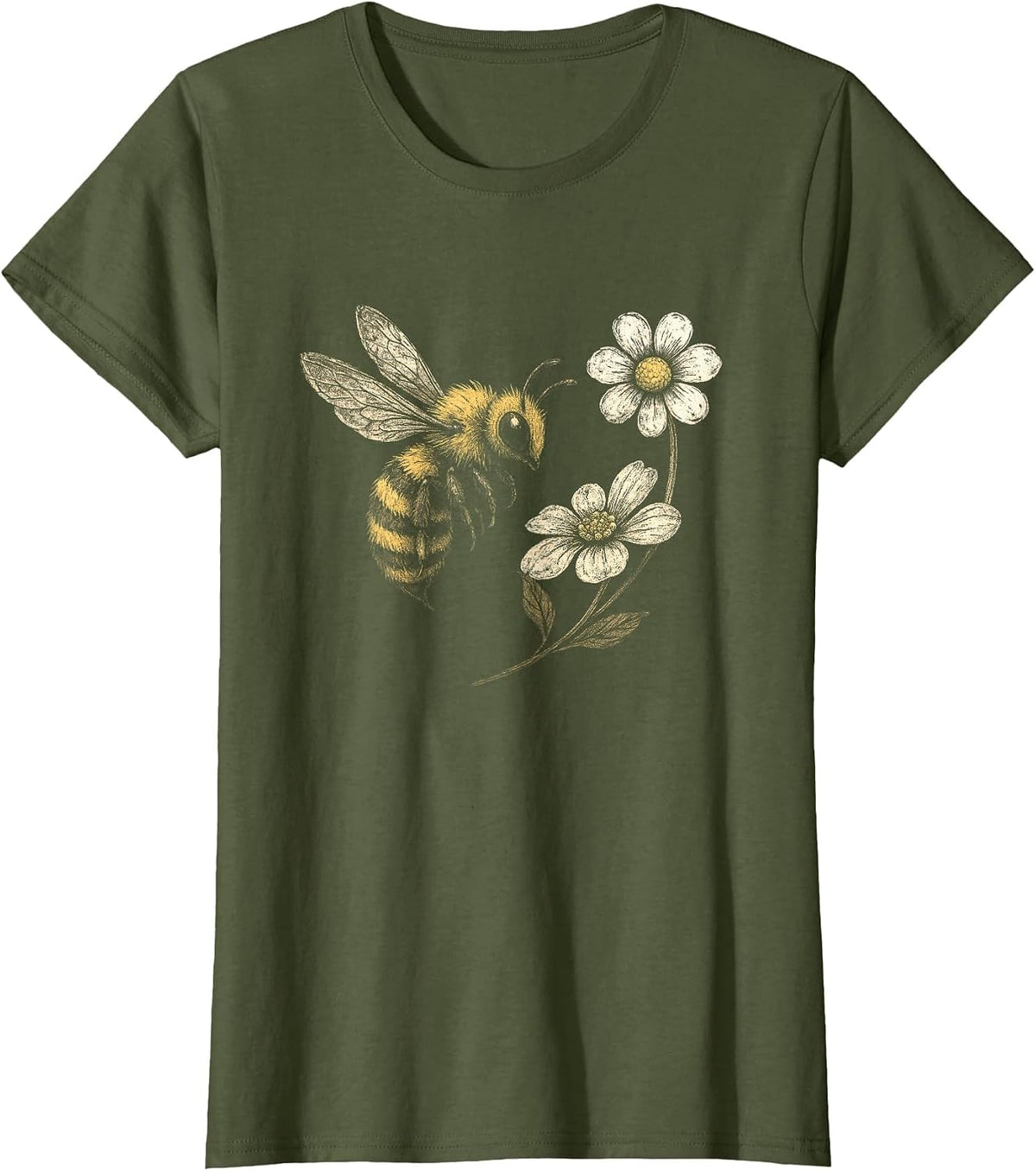 Bee Flower Garden Honeybee Insect Daisy Homestead Aesthetic T-Shirt - Olive Green