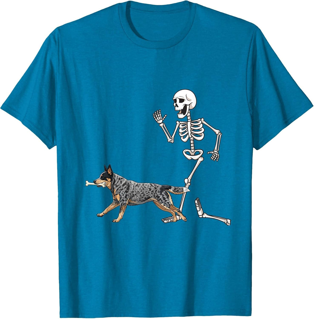 Funny Halloween Australian Cattle Dog and Skeleton T-Shirt - Sapphire Blue