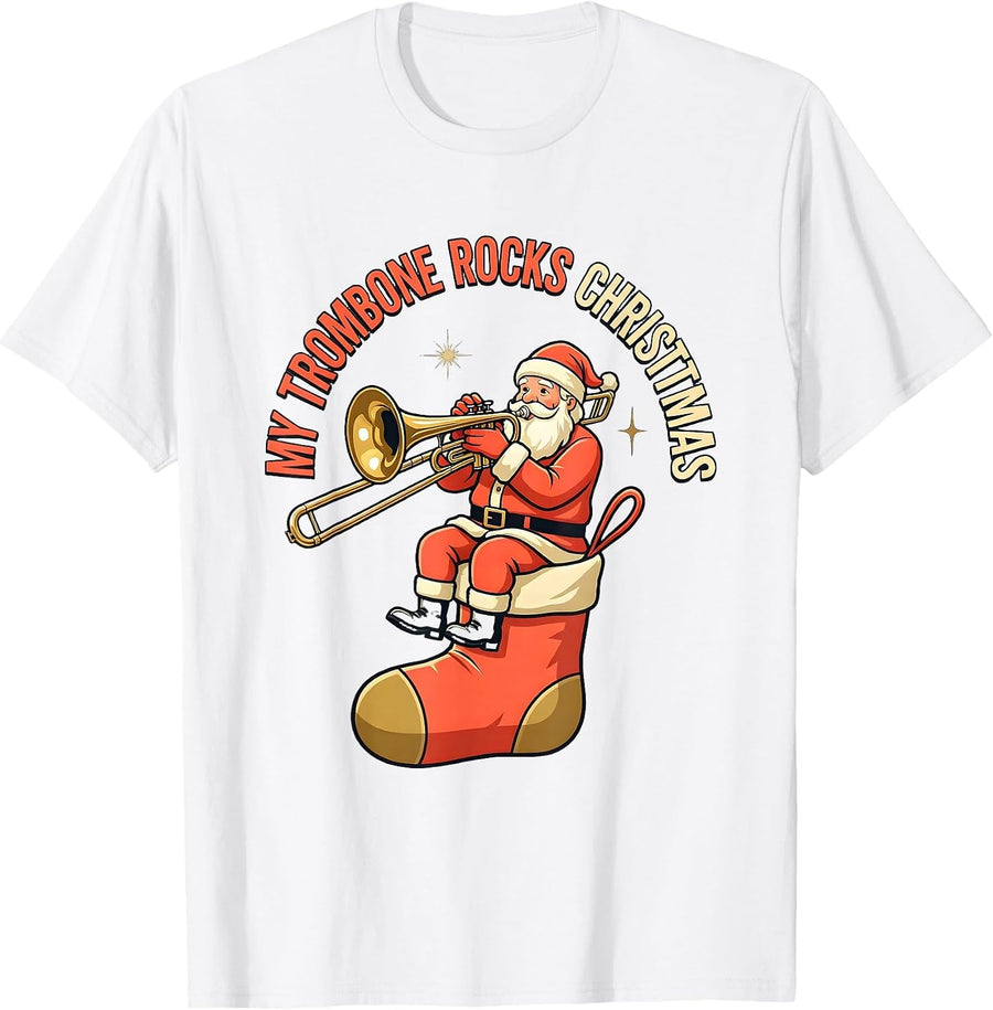 Men's My Trombone Rocks Christmas Funny Trombone Player Christmas T-Shirt - White