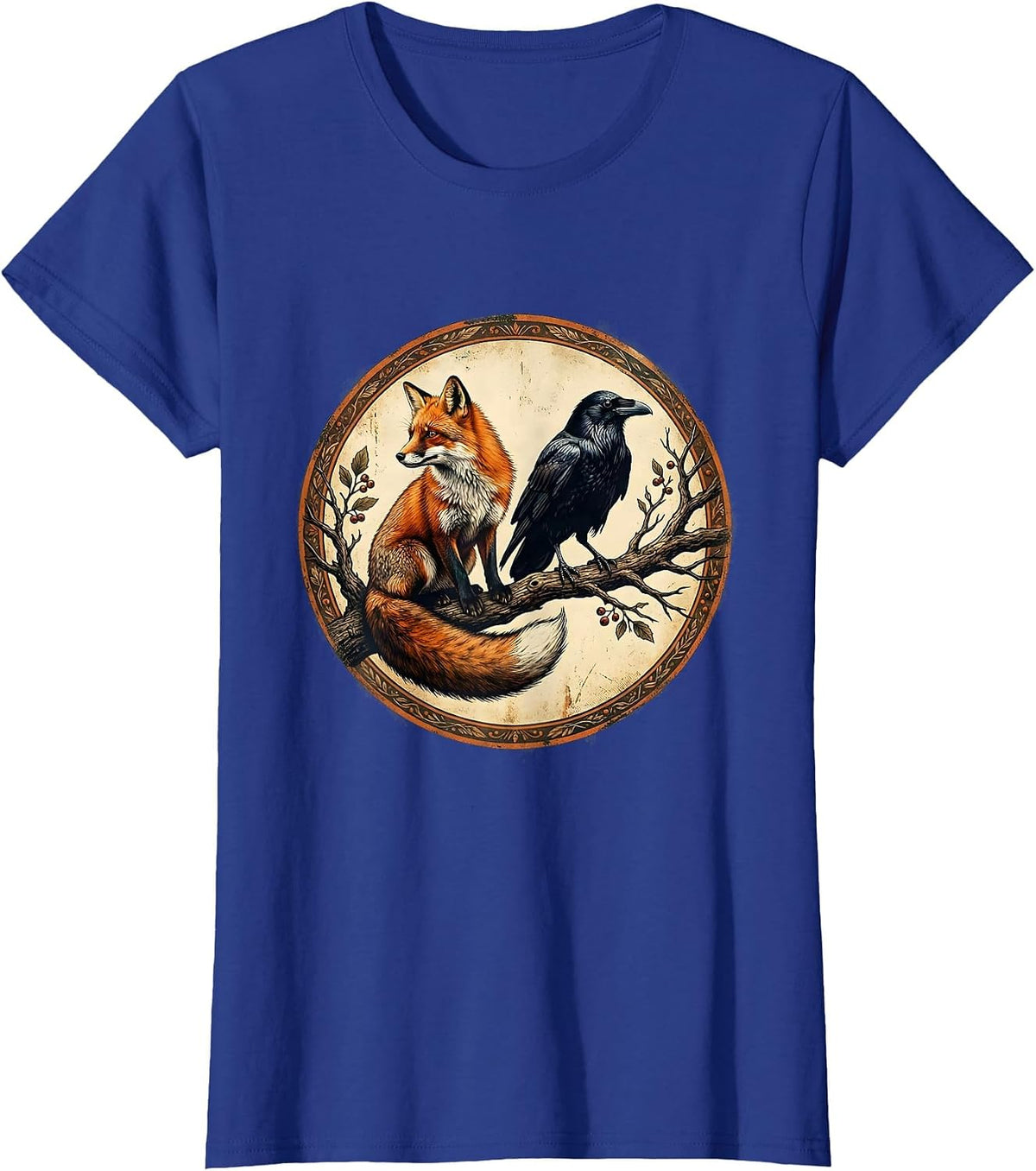 Women's Fox and Raven Perched Together on Branch T-Shirt - Royal Blue