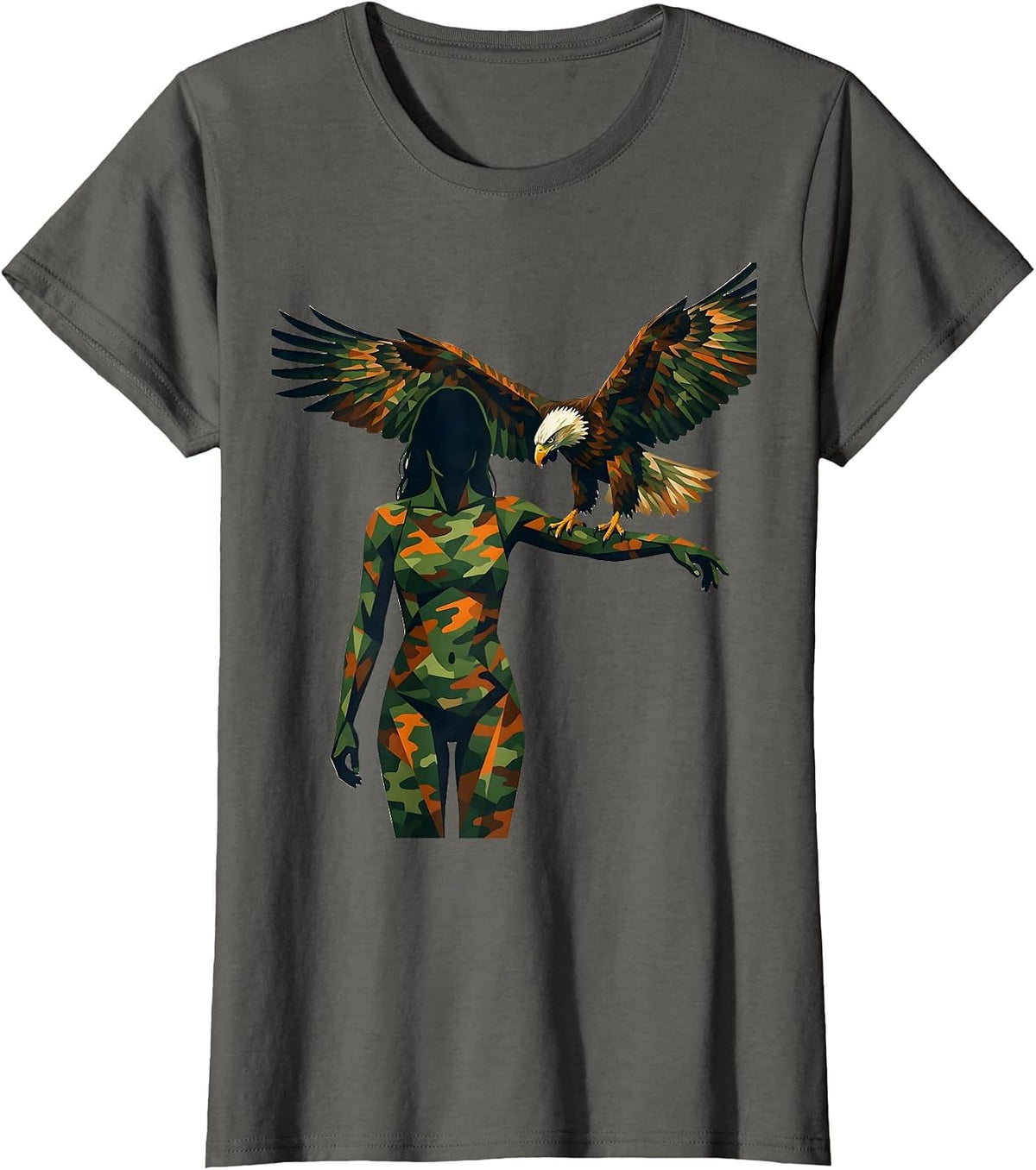 Women's Camo Eagle Falconer Wildlife Illustration T-Shirt - Asphalt Grey
