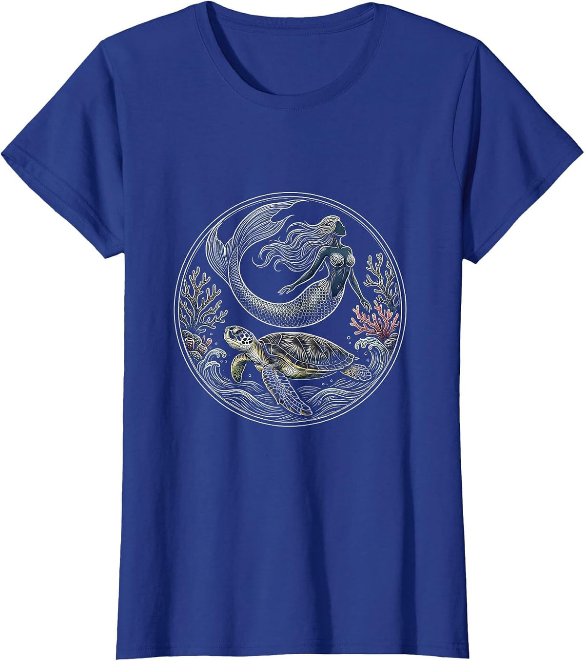 Women's Mermaid and Sea Turtle Ocean Swimming Graphic T-Shirt - Royal Blue