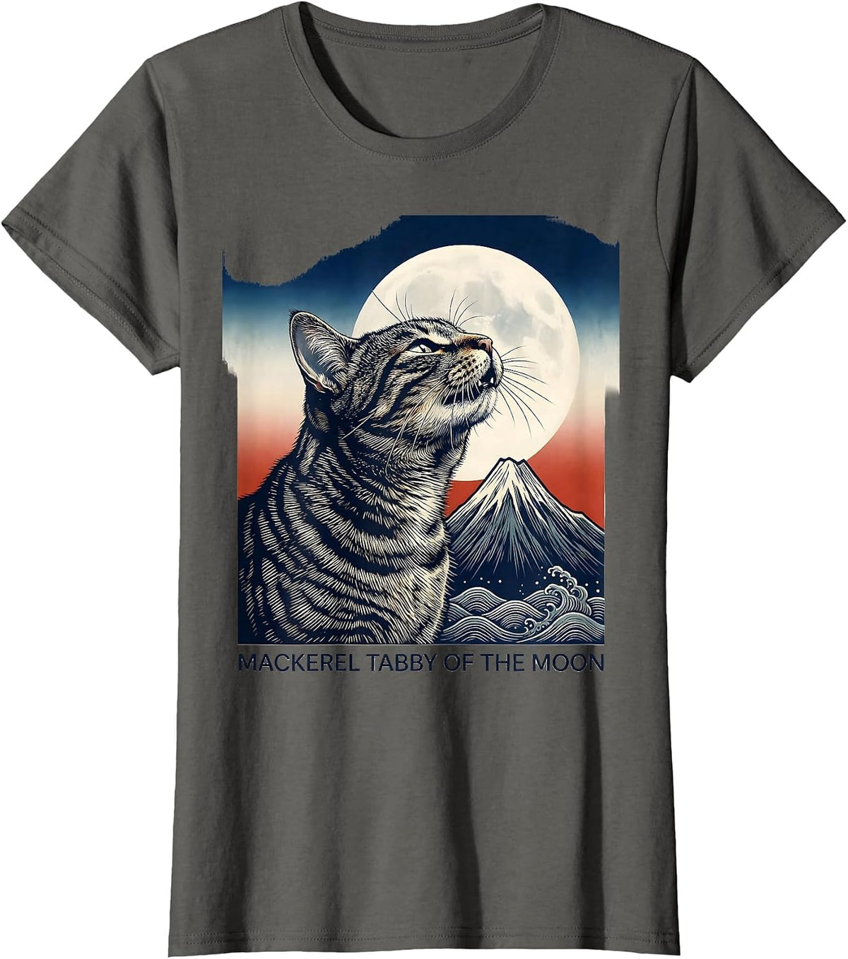 Women's Mackerel Tabby Of The Moon Ukiyo-e Retro Cat Owner T-Shirt - Asphalt Grey