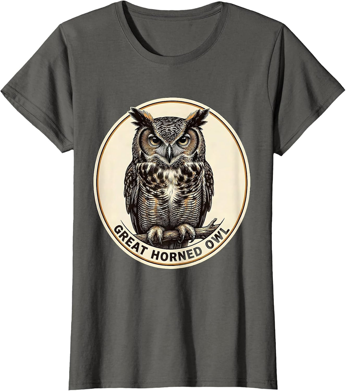 Women's Great Horned Owl Crosshatch Etching Bird Lover Vintage T-Shirt - Asphalt Grey