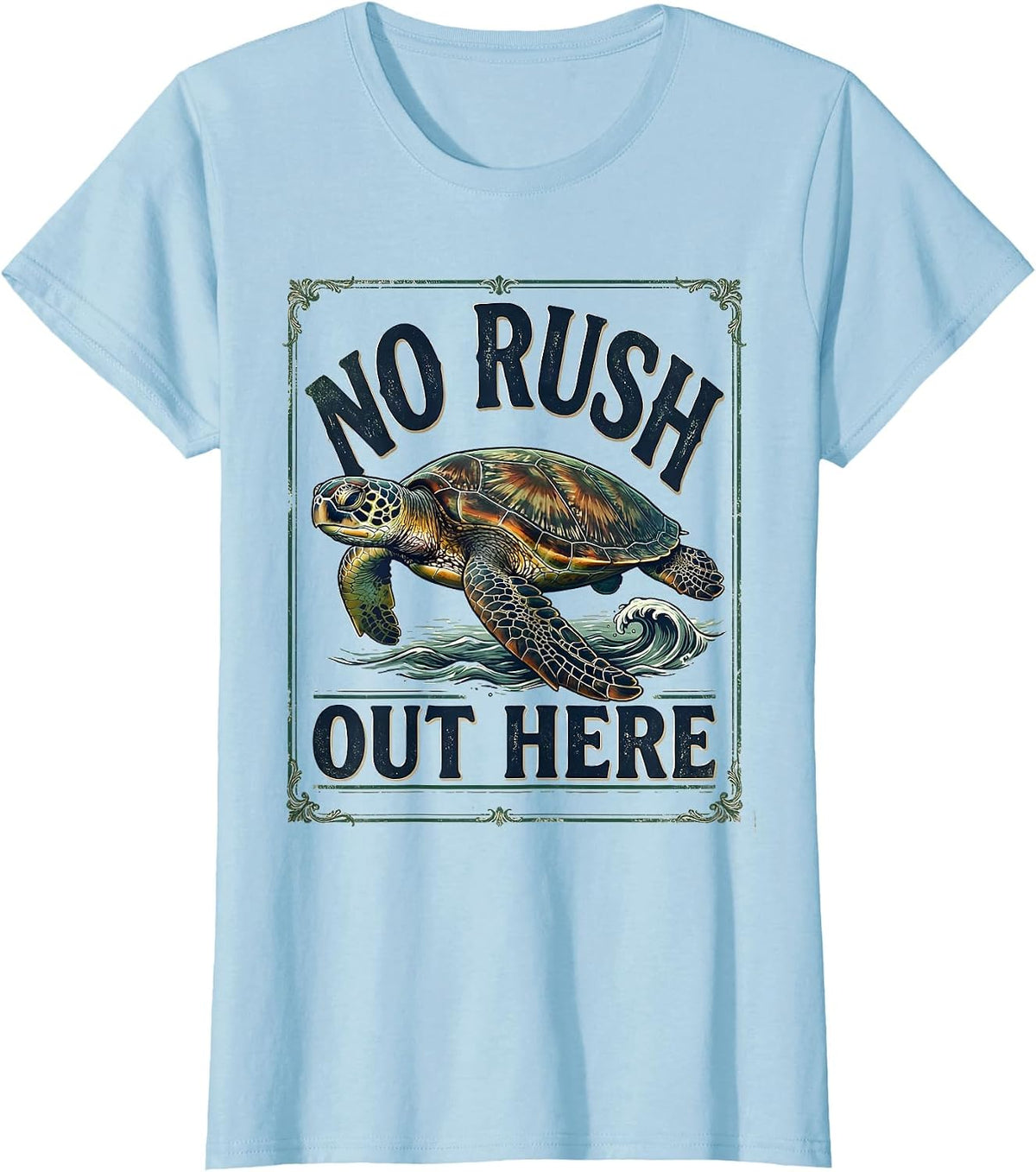 No Rush Out Here Vintage Sea Turtle Beach Vacation Souvenir T-Shirt - Baby Blue