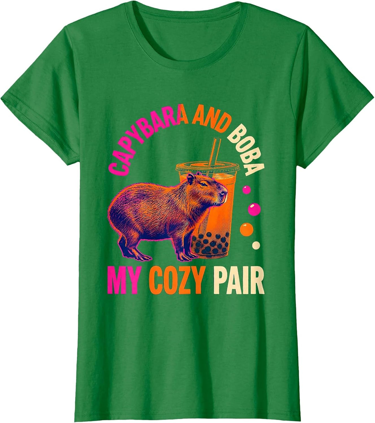 Women's Capybara And Boba, My Cozy Pair Cute Kawaii Anime Animal T-Shirt - Kelly Green