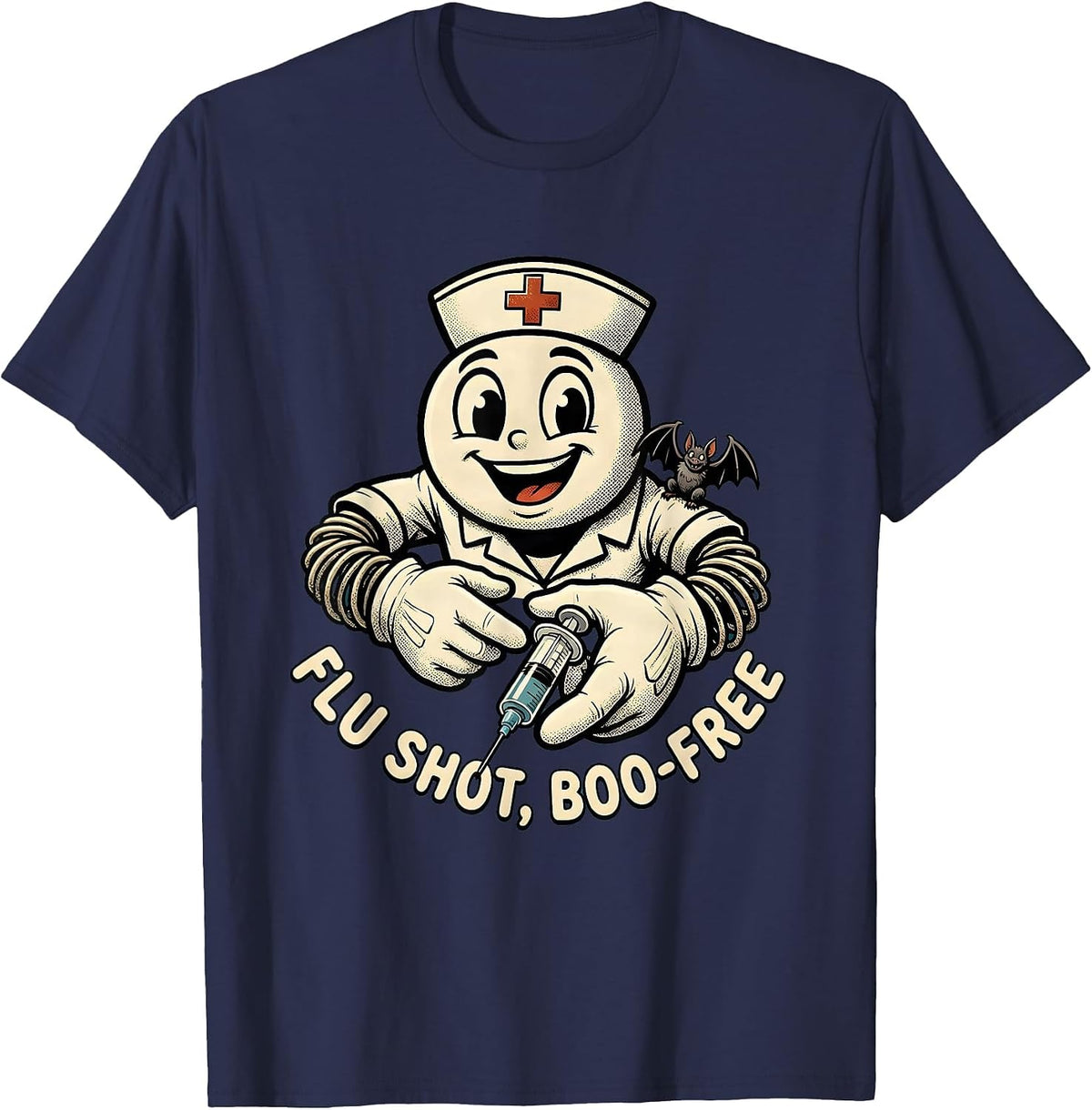 Men's Flu Shot Boo-Free Retro Cartoon Nurse Halloween Humor T-Shirt - Navy Blue