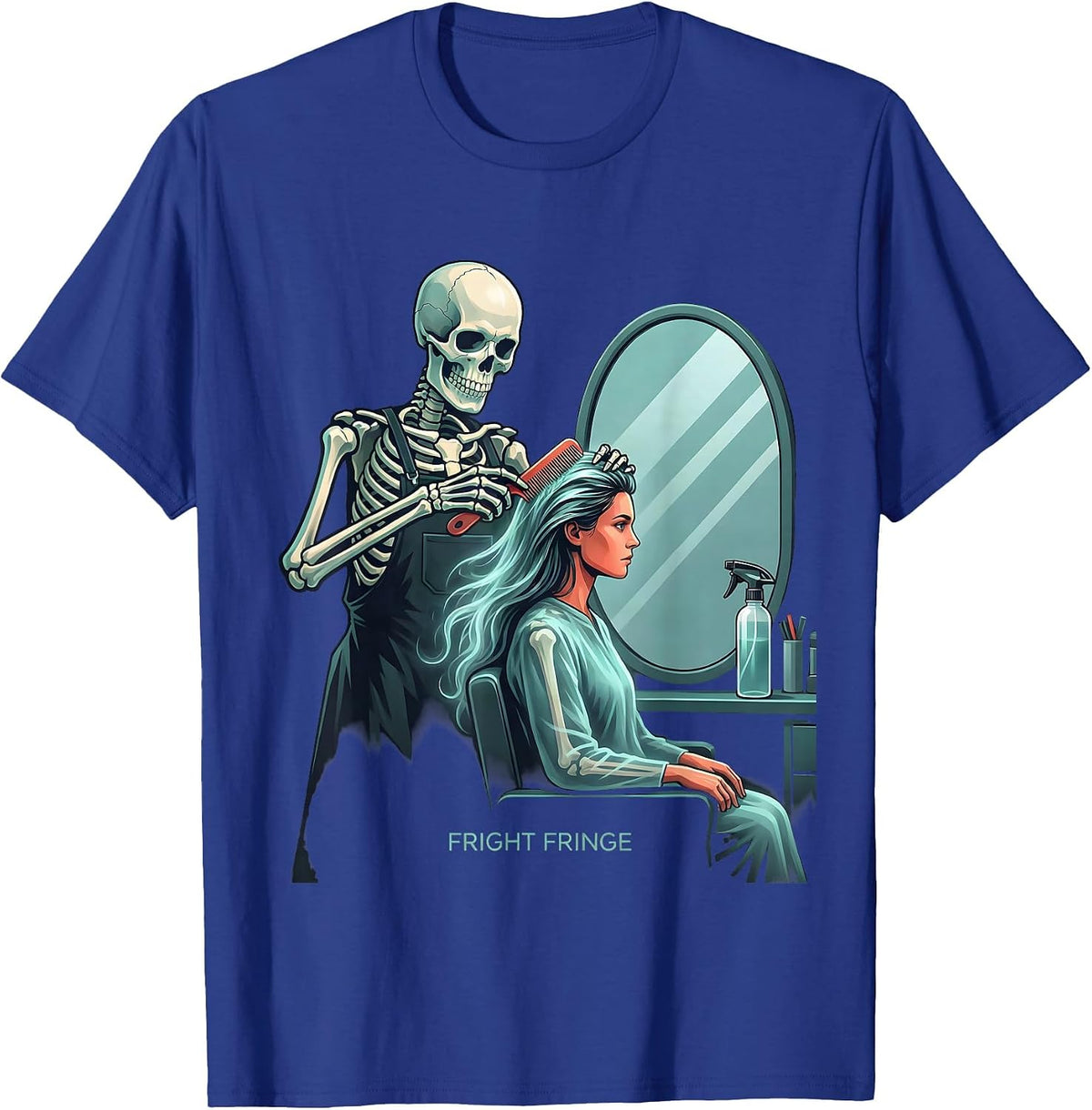 Fright Fringe Flat Vector Skeleton Hairstylist Halloween T-Shirt - Royal Blue