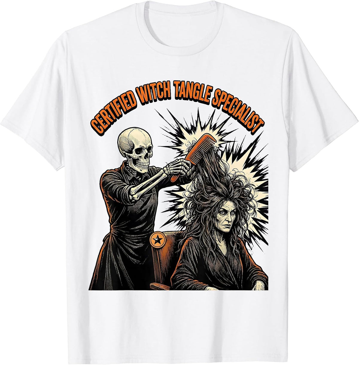 Men's Certified Witch Tangle Specialist Comic Book Skeleton T-Shirt - White