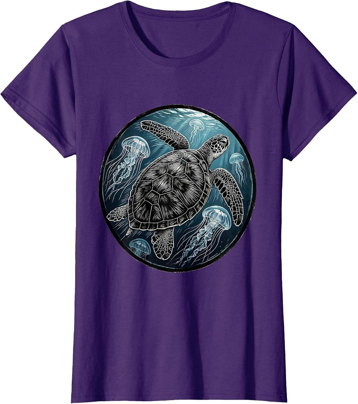 Women's Sea Turtle Swimming Through Jellyfish Bloom T-Shirt - Purple