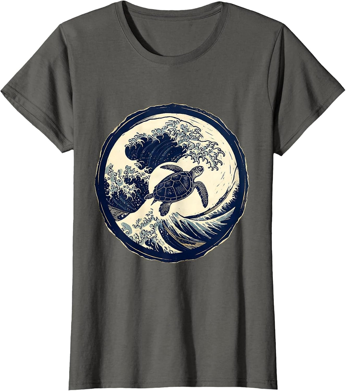 Women's Turtle Silhouette Crashing Ocean Wave Graphic T-Shirt - Asphalt Grey