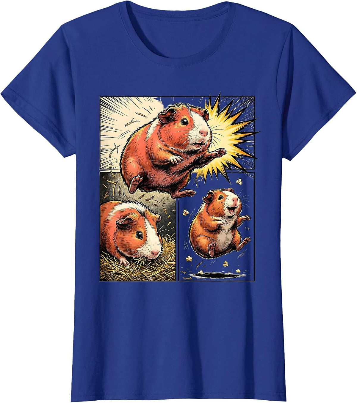 Women's Guinea Pig Comic Book Hero Leap Cavy Lover Humor T-Shirt - Royal Blue
