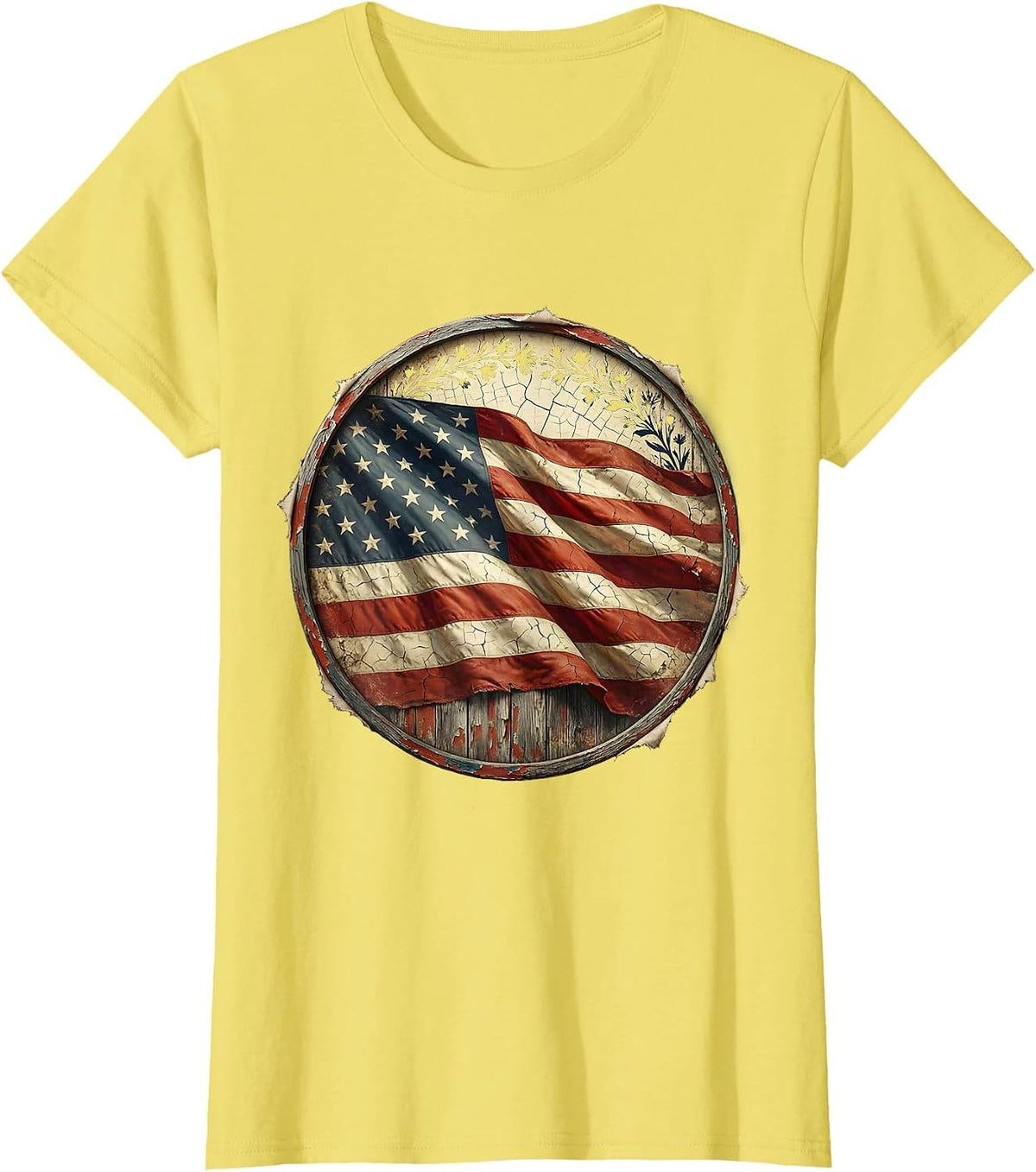 Girl in Flower Crown American Flag Cape Design T-Shirt - Lemon Yellow