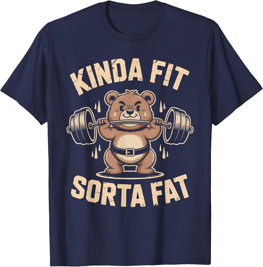 Kinda Fit Sorta Fat Funny Cute Bear Weightlifter Workout Gym T-Shirt - Navy Blue