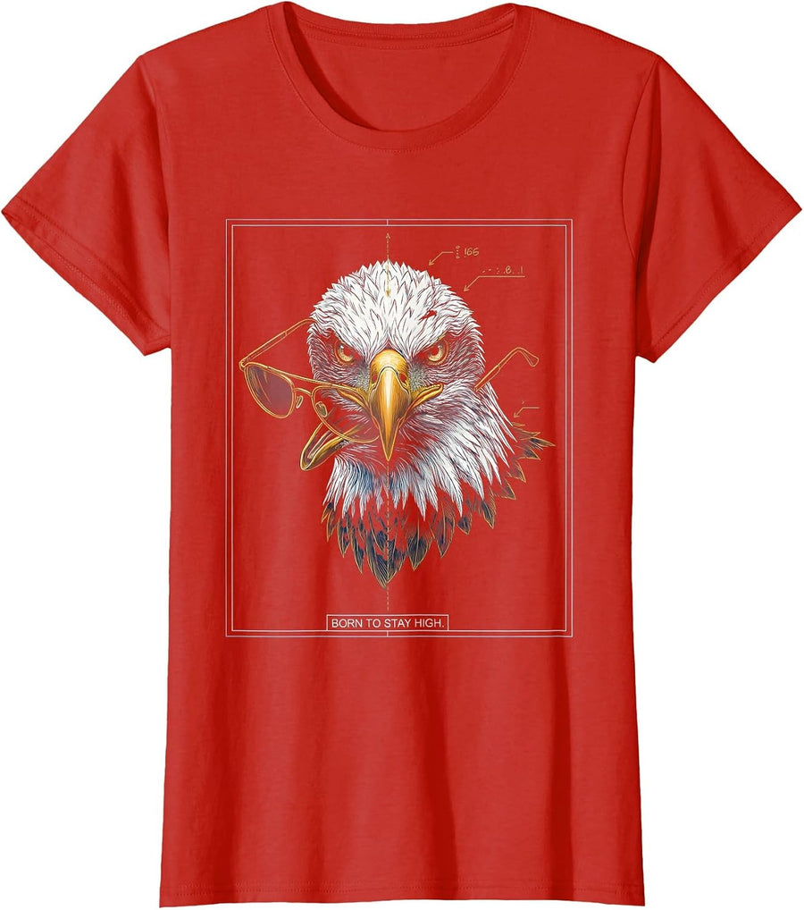 Women's Born To Stay High Technical Blueprint Eagle Pride Kids Teen T-Shirt - Red