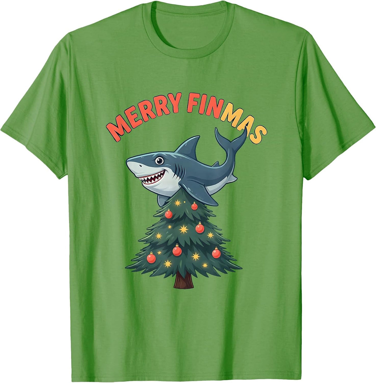 Men's Merry Finmas Funny Shark Christmas Pun Humor T-Shirt - Grass Green